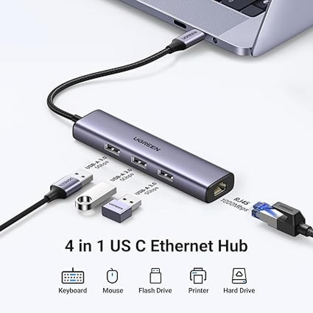 UGREEN USB-C to Ethernet Adapter, 4 in 1 Multiport Hub with Gigabit RJ45