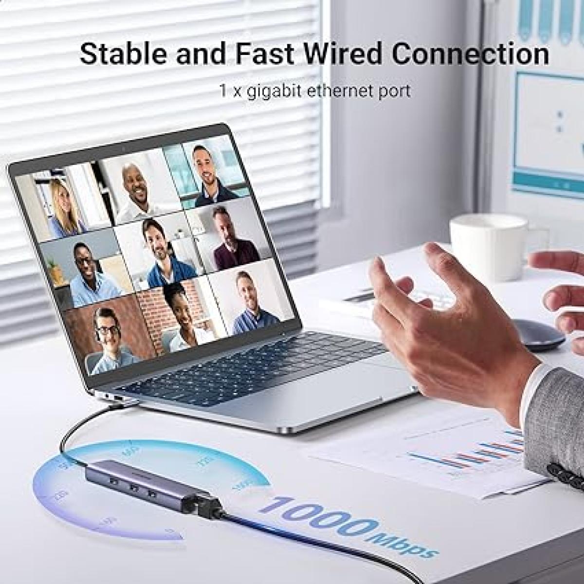 UGREEN USB-C to Ethernet Adapter, 4 in 1 Multiport Hub with Gigabit RJ45