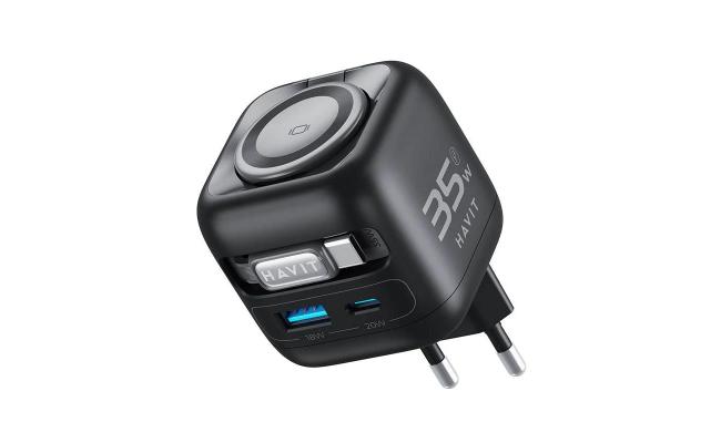HAVIT UC250 35W GaN Travel Charger with Retractable Cable