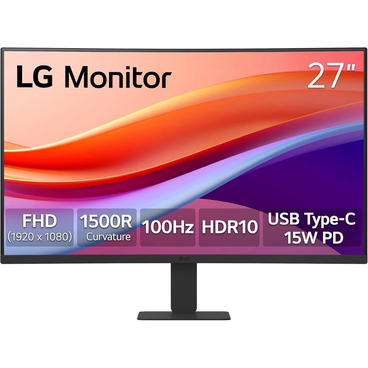 LG 27U421A-B 27'' FHD curved monitor with 100Hz refresh rate and USB-C port.