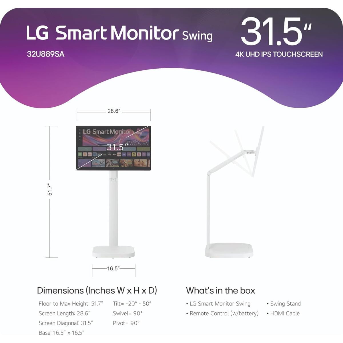 LG Swing 32U889SA – 31.5” 4K UHD IPS Touch Monitor with Adjustable Stand & Smart Features White- Swing Monitor